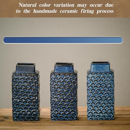 Ceramic Flower Vase, 12.6” Tall Vintage Blue Pottery Vase for Home Decor, Rustic Textured Vase for Pampas Grass, Living Room, Entryway, Mantel, Kitchen Table - color: 303-blue