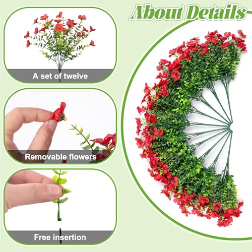 Ammyoo Artificial Faux Hanging Plants Flowers Basket for Spring Outdoor Decoration, Fake Silk Daisy UV Resistant Look Real with Eucalyptus Leaves Summer Outside Decor for Home Patio Garden - color: Red