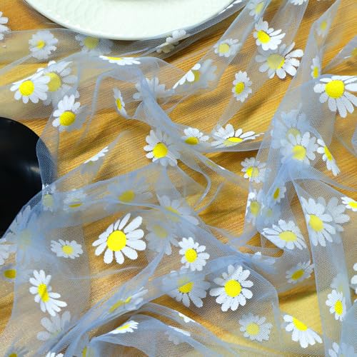 Daisy Gauze Table Runner 120 Inch 10FT, Floral Flower Tulle Table Runner Seasonal Kitchen Dining Table Decorations for Party Wedding Christmas Holiday Birthday (Blue) - color: Blue