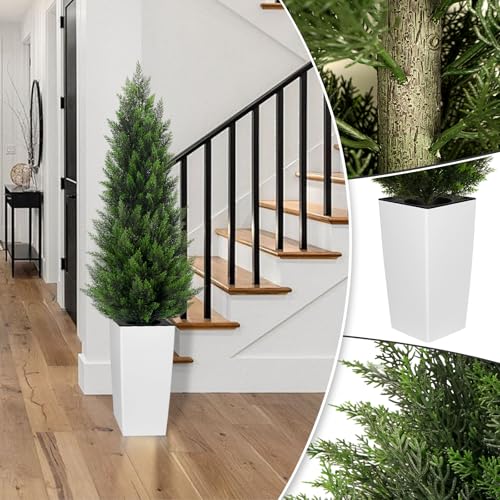 5FT Tall 2 Pack Artificial Cedar Topiary Trees with Compact Pyramidal Shape, Realistic Faux Cypress in Square White Pot with Fillable Water Bag, Outdoor Evergreen for Front Porch Garden Home Decor - color: White-pyramid Topiary, size: 5ft-2pack