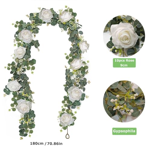 Artificial Eucalyptus Flower Garland with White Roses, Fake Rose Flower Vine, Faux Floral Greenery Garland for Table Centerpiece Wedding Home Party Wall Arch Decor