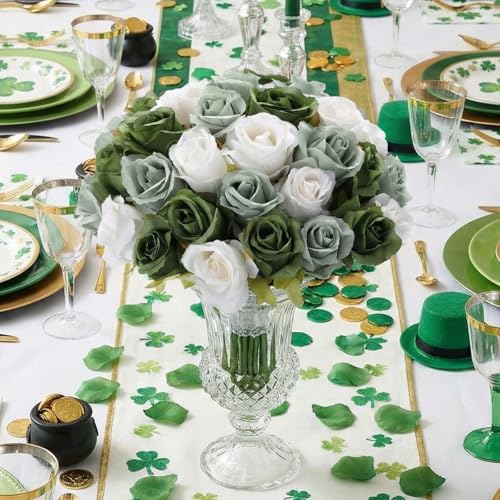 Hoteam 72 Heads White Green Artificial Rose Flowers 6 Bouquet Wedding Decoration Faux Flower Arrangement Bouquet with Stem Bridal Shower Gift Floral Centerpiece for Tables - color: White Green