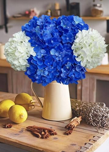 20" Hydrangea Artificial Flowers, Large Silk 2Pcs White/ 4Pcs Dark Blue Home Decor - color: White/Dark Blue