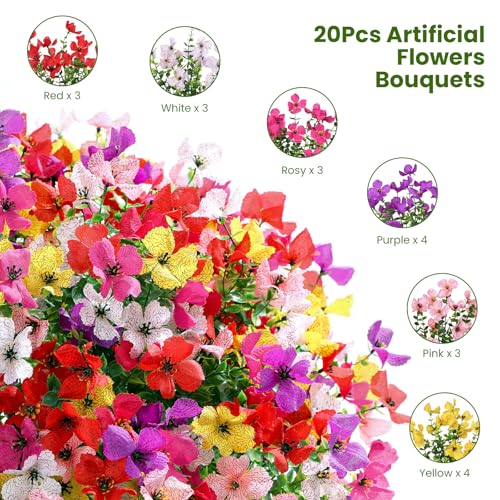 SHareconn 20 Bundles Artificial Flowers Outdoors Decoration, Fake Silk mums Eucalyptus Realistic UV Resistant Faux Plants for Outside Indoor Planter Porch Yard Home Spring Decor, 6 Colors incl. White - color: Redrosypurpleyellowpinkwhite