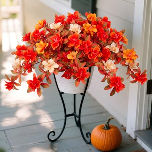 Fall Flowers Artificial for Decoration, Fake Silk Rhododendron Flowers for Outdoors, 2 Bundles Faux Azalea Outside UV Resistant No Fade Floral for Home Garden Balcony Walkway Wedding Party Decor - color: Y-orange Yellow White