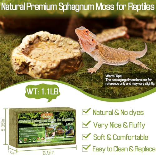 Halatool 1.1LB Natural Sphagnum Moss for Reptiles- 25QT Green Moss for Terrarium Plants Long Fiber Reptile Moss for Leopard Gecko Snake Hamsters Tortoises Frogs Lizards Salamanders - size: 1.1LB