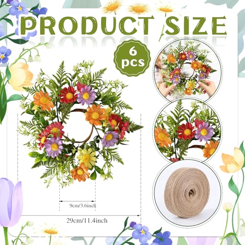 6 Pcs Mini Flowers Wreaths for Cabinets with Orange Red Purple Yellow Daisy Floral Artificial Spring Summer Small Candle Rings Wreath for Home Front Door Window Farmhouse Porch Wall Hanging Decor - color: Colorful Daisies