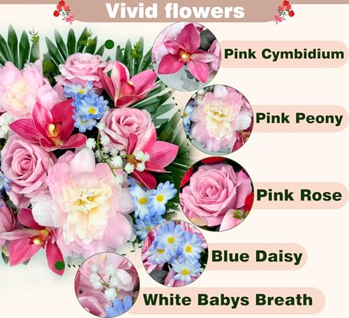 Cemetery Flowers with Vases for Grave Decor, Silk Lily Rose Cymbidium Hibiscus Daisy-Headstone Flower,Tombstone Flower - Bright and Colorfast,Pink/Blue,2 Lovely Butterflies Included