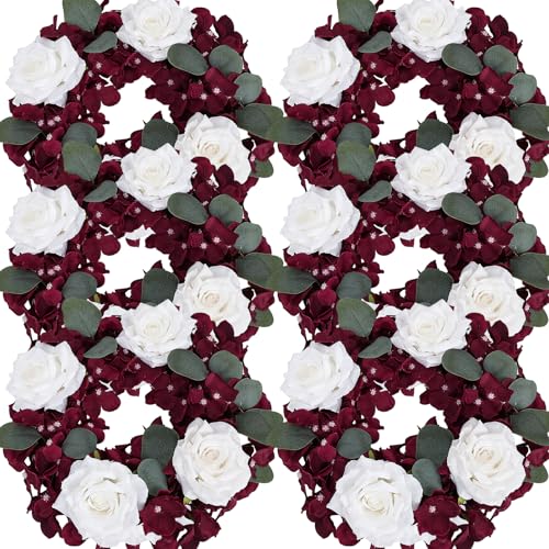 Artificial Flower Candle Rings - 6 Inch Inner Rose Floral Wreaths for Wedding Bridal Event Table Centerpieces Backdrop Decorations (Burgundy & White, 6 X Candle Rings) - color: Burgundy & White, size: 6 X Floral Wreaths