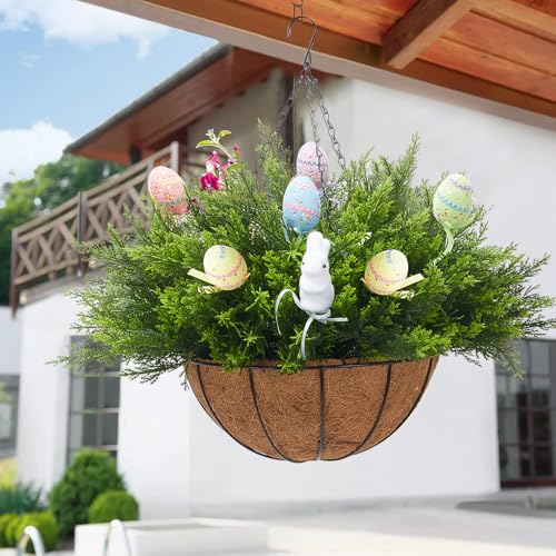 Artificial Easter Hanging Basket - 24 Cedar Branches, 12 Decorative Eggs & 2 Bunny - Easter Porch Decor for Patio, Home, Spring Outdoor/Indoor Hanging Planter 22-Inch 2PCS