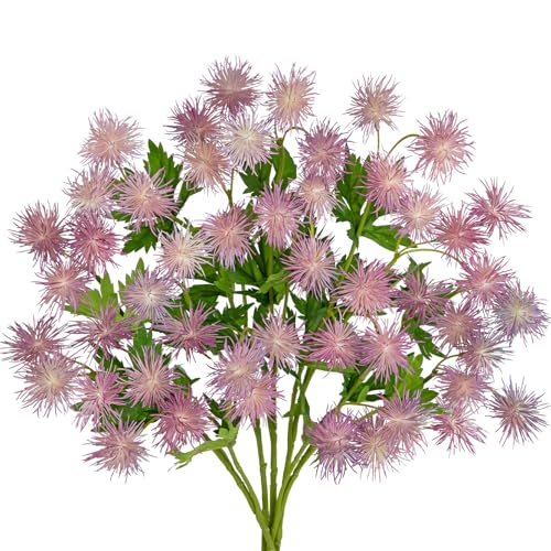Hollyone 9 Heads Purple Dandelion Artificial Flowers 5Pcs Faux Dandelions Flowers Bush Arrangement Bouquets Fake Ball Mums Flower Stem for Indoor Home Decor Table Office Party Wedding Decoration - color: Purple