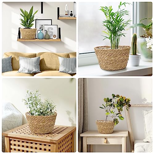 Athaliah Woven Plant Basket Set of 3 with Plastic Liner, Indoor Planter Baskets for Floor Plants, Water Hyacinth & Corn Husk Basket Planters, Decorative Rustic Boho Home Decor