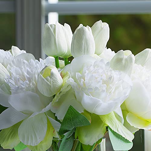 ENOVA FLORAL Artificial Flower Arrangement with Vase, Faux Flower in Vase, Mixed Artificial Real Touch Tulip and Fake Silk Peony Flower in Vase for Decoration Home Office(Cream) - color: T& Peony Cream