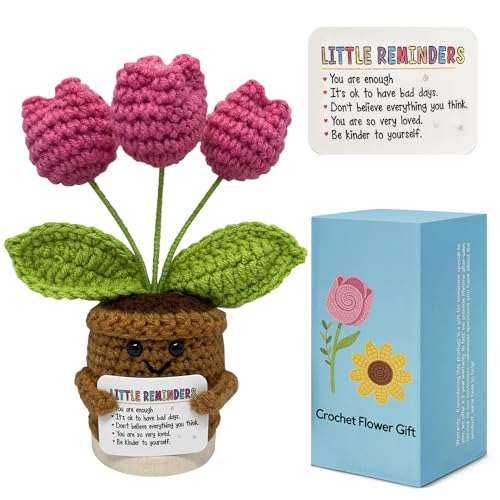 Ucuber Handmade Crochet Tulips Flowers, Positive Crochet Flower Emotional Support Gift,Inspirational Appreciation Birthday Gifts for Women, Mom, Teacher, Coworker (Little Reminders)