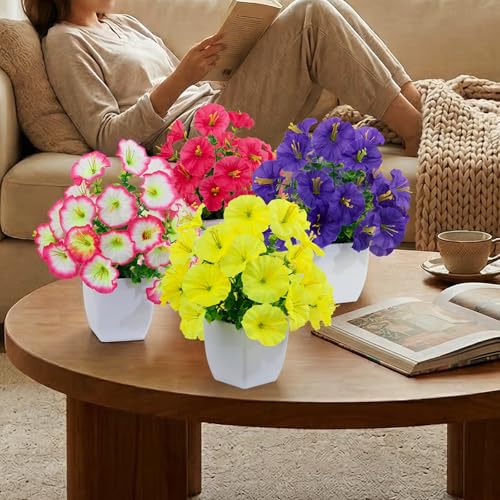 LOYWREE 4 Pack Small Colorful Artificial Flowers in White Pots, Fake Mini Potted Plants, Spring Floral Decor for Home Bathroom Shelves Office Desk Table Centerpiece Indoor Decoration - color: Morning Glory-white Pot, size: White Pot