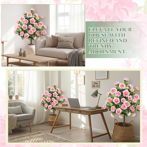 Lunmon 2 Pack 4ft Artificial Camellia Plants Tree without Vase 48" Faux Camellia Flower with Spike UV Resistant Realistic Fake Floral Blooming for Indoor Outdoor Front Door Porch Backyard Garden, Pink - color: Pink, size: 4 ft