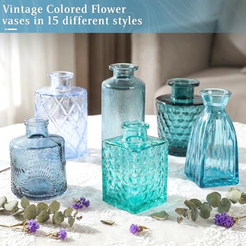 Set of 30 Blue Colored Glass Bud Vases - Small Textured Flower Vases for Centerpieces, Wedding Table Decor, Retro Home Decor Bulk Vase Set for DIY, Events & Gifts - color: Blue