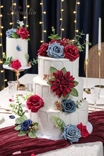 Serwalin Artificial Flowers Fake Cake Flowers Burgundy Navy Dahlia Flowers Box Set for DIY Wedding Bouquets Centerpieces Arrangements Party Baby Shower Home Decor - color: Burgundy Navy Dahlia, size: 1 Box