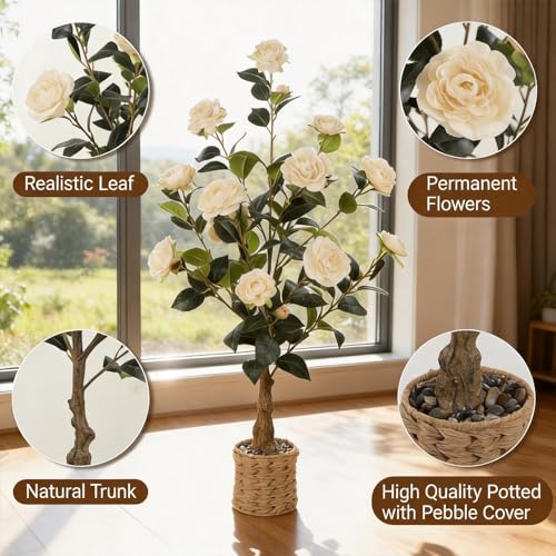 2Pack Artificial Camellia Tree, 3Ft Faux Yellow Camellia Plant in Pot, Fake Outdoor Tree Camellia Flower Tree for Home Office Living Room Floor Indoor Decor - color: Yellow