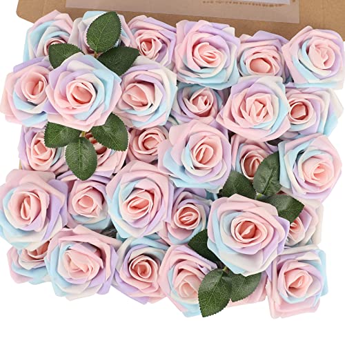MACTING 30PCS Artificial Rose Flowers Real Touch Fake Flowers with Stem Foam Roses for DIY Wedding Bouquet Table Centerpieces Party Baby Shower Spring Home Mothers Day Decoration(Light Rainbow - color: Mix Color 4-1, size: 30PCS
