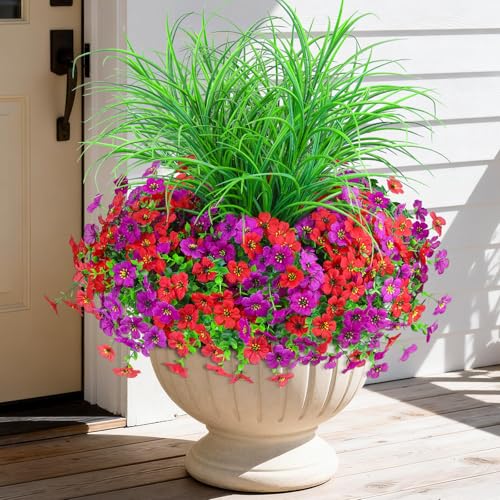 INQCMY Artificial Flowers for Outdoors UV Resistant, 14 Bundles Fake Plants Realistic Silk Flowers with Faux Ferns for Outside Planters Home Porch Patio Garden Back Yard Spring Summer Decoration - color: Light Purple Red