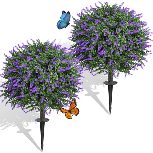 Dense Foliage Artificial Lavender Topiary Ball Trees 24 Inch, 2 Pack UV Resistant Fake Plants Outdoor, Faux Bushes with Ground Spike for Garden, Patio, Porch, Yard Decor - color: Lavender