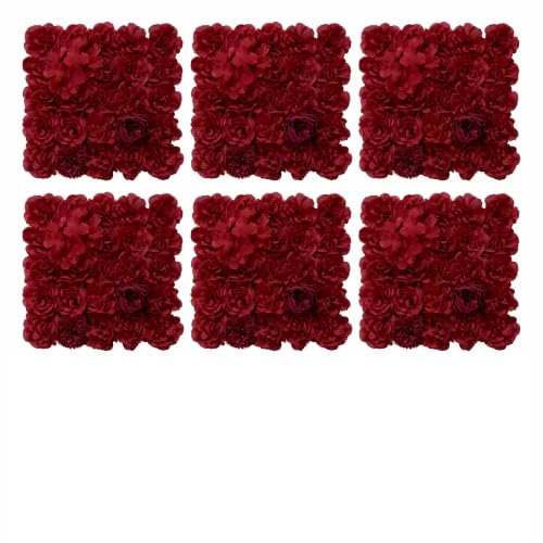 Flower Wall Backdrop 6 pcs 16.5x16.5 Inch Artificial Floral Wall Panel Silk Rose Wall Decor Ideal for Wedding Celebrations, Festive Party Backdrops, and Home Decor-Maroon - color: Maroon, size: 16.5inch