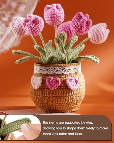 Thank You Gifts for Teachers Crochet Tulips Flower Pot - Handmade Large Crochet Flowers for Women, Graduation End of Year Appreciation Gifts, Positive Tulip Flower Gift for Boss Manager, Pink - color: Pink