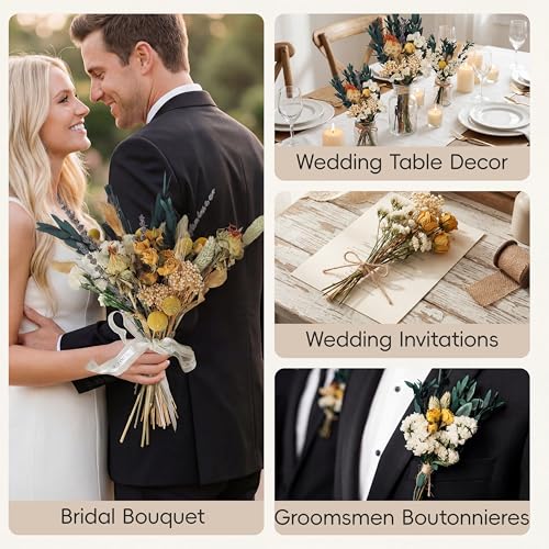 LUXEEASE Vintage Dried Flowers Bouquet 128 Stems, 10 Kinds Natural Preserved Flowers (Lavender, Eucalyptus, Bunny Tails) 10-12 Inches Long, Rustic Boho Home Wedding Centerpiece Décor - color: Golden & Green