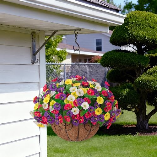 Ammyoo Artificial Fake Hanging Flowers with Basket, Faux Silk Morning Glory Flower Arrangement for Spring Summer Decor, Hanging Plant for Patio Garden Porch Outdoor Decor - color: Yellow White Purple Red