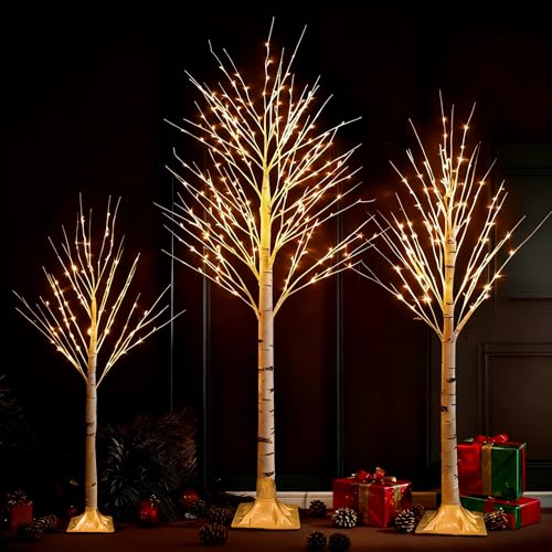 TW SHINE Set of 3 Lighted Birch Tree, 4FT 6FT 8FT White Artificial Christmas Tree with Total 456 LED Light, Prelit Waterproof Christmas Decoration for Indoor Outdoor Thanksgiving Wedding Holiday - color: 3 Pack