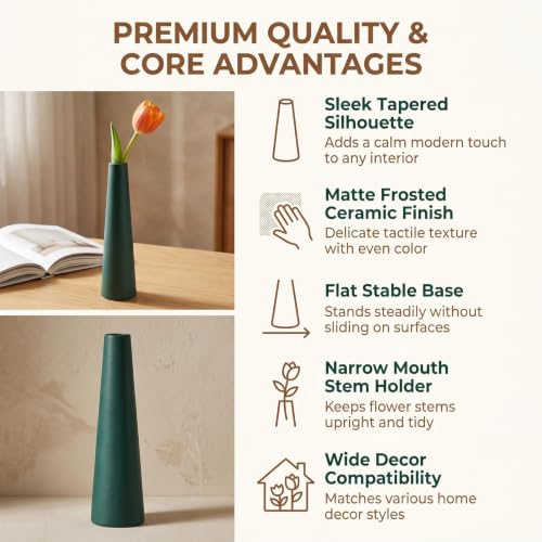 Ceramic Bud Vase, Tall Conic Single Stem Flower Holder, Minimalist Vase for Home Wedding Office Decor (Ink Green) - color: Green