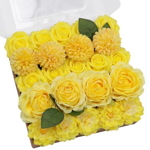 TINGE TIME Yellow Artificial Flowers Combo Box Set, Gradient Color Fake Flower Leaf with Stems for DIY Wedding Bouquets Table Centerpieces Baby Shower Home Party Floral Arrangements Decorations - color: Yellow
