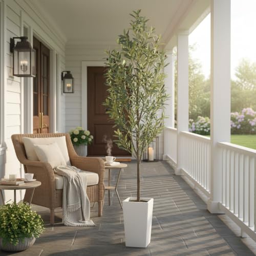 Aveyas 7ft Artificial Olive Tree for Home Decor, 7 Feet Large Faux Plant Fake Skinny Silk Trees with Pot for Indoor Outdoor House Living Room Office (7 ft Tall Including Raised Pot) - color: Olive Tree (7ft)