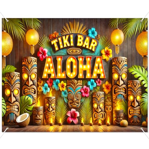 BlissYard Tiki Bar Aloha Luau Party Backdrop Tropical Hawaiian Banner 8x6FT Large Flamingo Beach Theme Photo Booth Background Summer Pool Party Birthday Indoor Outdoor Event Photography - color: Tiki Bar Aloha#01