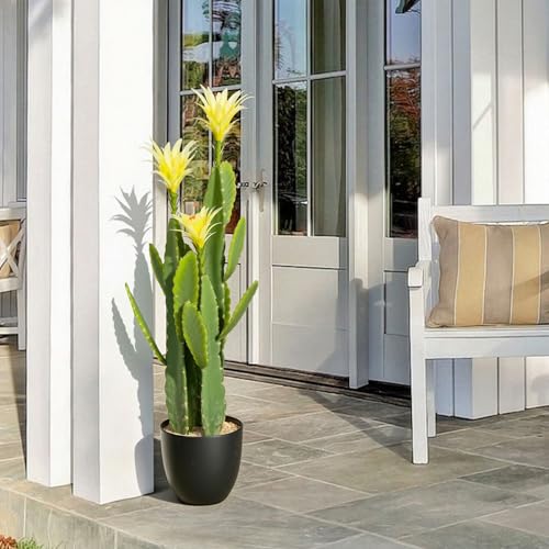 3ft Tall Artificial Cactus with Yellow Flowers in Pot, Fake Cacti Plant of Satin Finish Leaves with Real Look, Outdoor & Indoor Faux Plants for Home Office Hotel Patio Balcony or Garden Decor - color: Yellow Flower, size: 36''