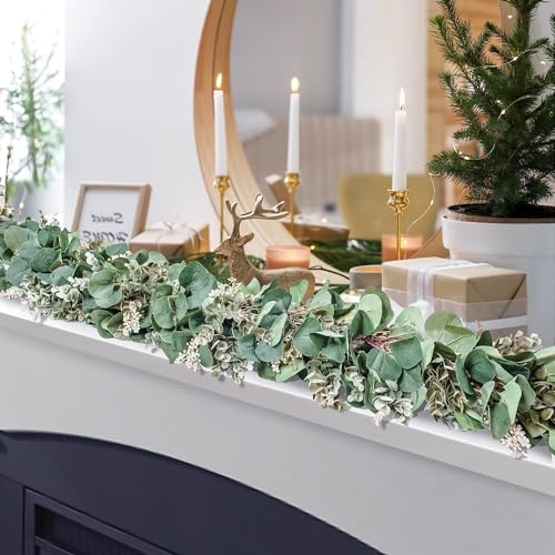 Ouddy Decor 2 Pack Eucalyptus Garland Total 13.1 Ft Lush Silver Dollar Leaves Boxwood with White Buds Artificial Faux Greenery Vines for Baby Shower Wedding Party Table Runner Room Home Mantle Decor - color: White, size: 2 Pack