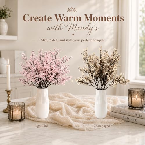 Mandy's 6 Bundles Artificial Champagne Baby’s Breath Flowers | 18.5 Inch Silk Gypsophila European Style Modern Home Decor Centerpiece Neutral Wedding Flower Arrangements - color: Champagne