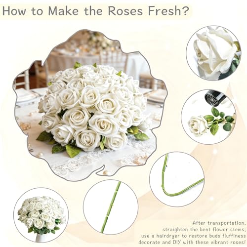 Rose Artificial Flowers Velvet Bouquet with Long Stem Real Touch Fake Roses Florals for Bridal Wedding Bouquet Party Arrangement Centerpiece Decorations (36, White) - color: White