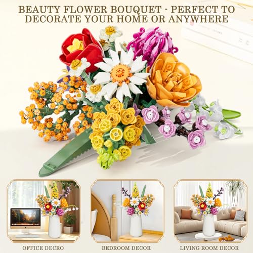 Flowers Bouquet Building Set, 1070PCS Wildflower Botanical Collection, Artificial Plant Flower Kit Toy for Adults Kids Women Her, Home Decor Gift for Birthday, Christmas, Valentines(No Vase)