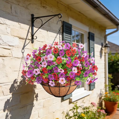Artificial Fake Hanging Flowers Plants Basket Outdoors, Faux Silk UV Resistant Look Real Daisy Eucalyptus for Spring Summer Garden Porch Home Patio Balcony Yard Decorations, Red Purple Pink - color: Red and Purple and Pink