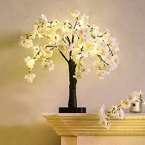 Fudios Lighted White Cherry Blossom Tree 40 LED 18IN Japanese Room Decor,Artificial Flower Tree with Lights Battery USB Plug for Wedding Party Summer Mantle Decoration - color: White Cherry Tree