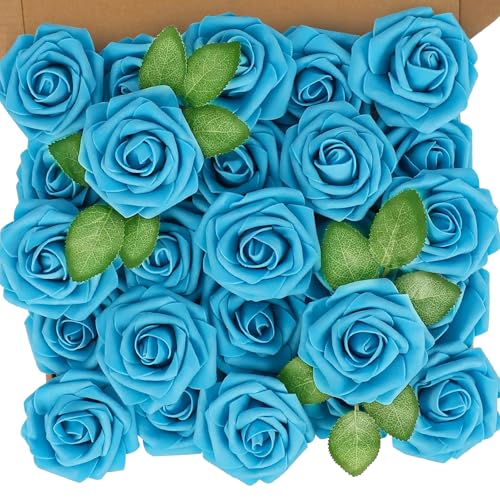 N&T NIETING Artificial Flowers,25pcs Real Touch Fake Flower Roses with Stem Perfect for DIY Wedding Bouquets Centerpieces Bridal Baby Shower Party Home Flower Arrangement Decoration,Blue - color: Blue, size: 25pcs