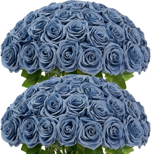 100 Pcs Fake Dusty Blue Roses, Artificial Blue Flowers Bulk Realistic Silk Faux Rose with Long Stems for Wedding Bridal Bouquet Anniversary Floral Arrangement Decor - color: Dustyblue