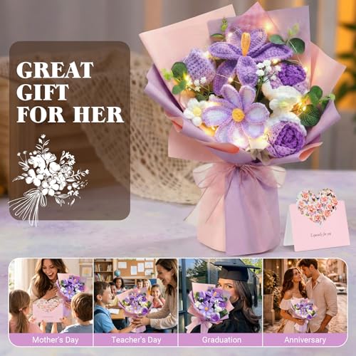 Crochet Flower Bouquet, Purple Handmade Knitted Flowers with Lights & Vase Crochet Tulips Galsang Liliy Rose Daisy Flower for Mothers Day Graduation Wedding Lover Teacher Anniversary Birthday Gift - color: Purple