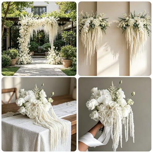 5Pcs Dried Amaranthus Hanging Flowers, 53" Neon Green Preserved Natural Wisteria for Wedding Arch, Table Centerpiece, Wall Hanging Lover Tears, Floral Arrangement (White) - color: White