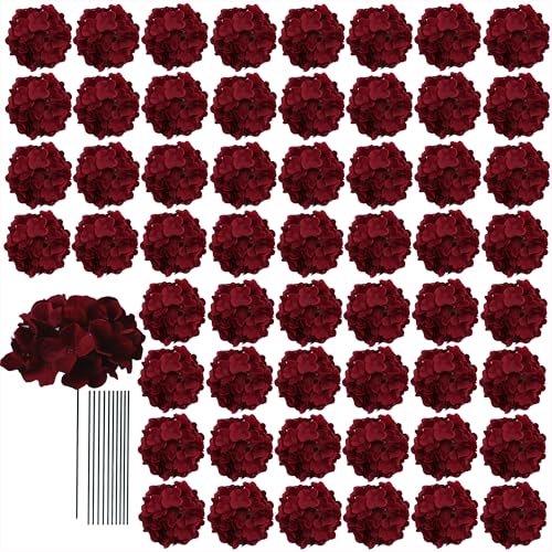 AVIVIHO 65Pcs Fake Flowers Burgundy Hydrangea Artificial Flowers Bulk (Not Squished, No Steaming Need) Silk Flowers with Stems for Wedding Decor,Home,Baby Shower,Table Centerpieces Decoration - color: Burgundy, size: Medium