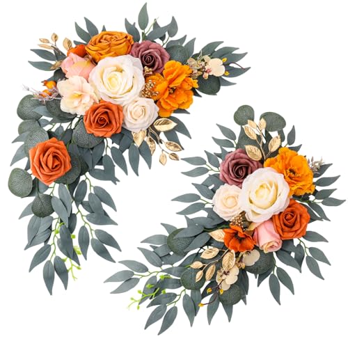 2 Pcs Wedding Arch Decorations - Reusable Artificial Hanging Flowers Floral Swag Greenery Garland for Wedding Welcome Sign Backdrop Bridal Ceremony Reception Backdrop Decoration(Orange) - color: Orange