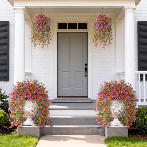 ZFProcess Artificial Hanging Flowers for Outdoors, 2 Pcs Fake Hanging Plant Spring Summer Decor, UV Resistant No Fade Realistic Faux Flower for Front Door Porch Planter Patio Garden Yard(Red Purple) - color: Red Purple