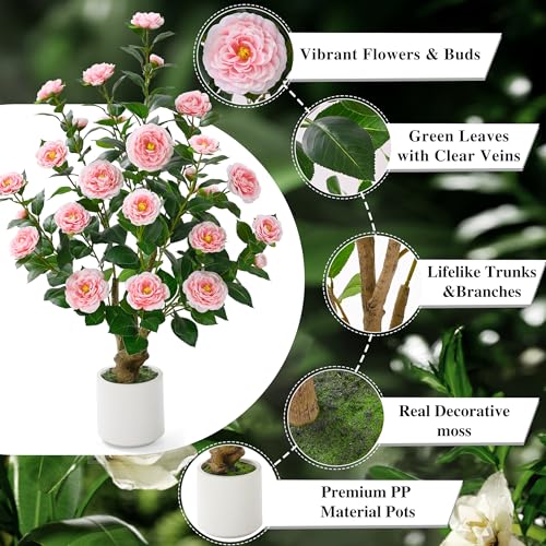 2 Pack 38" Artificial Camellia Tree, Artificial Plants Outdoor Faux Plants in Pot, Artificial Flower for Outdoors Front Porch Decor, Fake Tree Plant Faux Flowers for Indoor Outdoor Home Decor, Pink - color: Pink